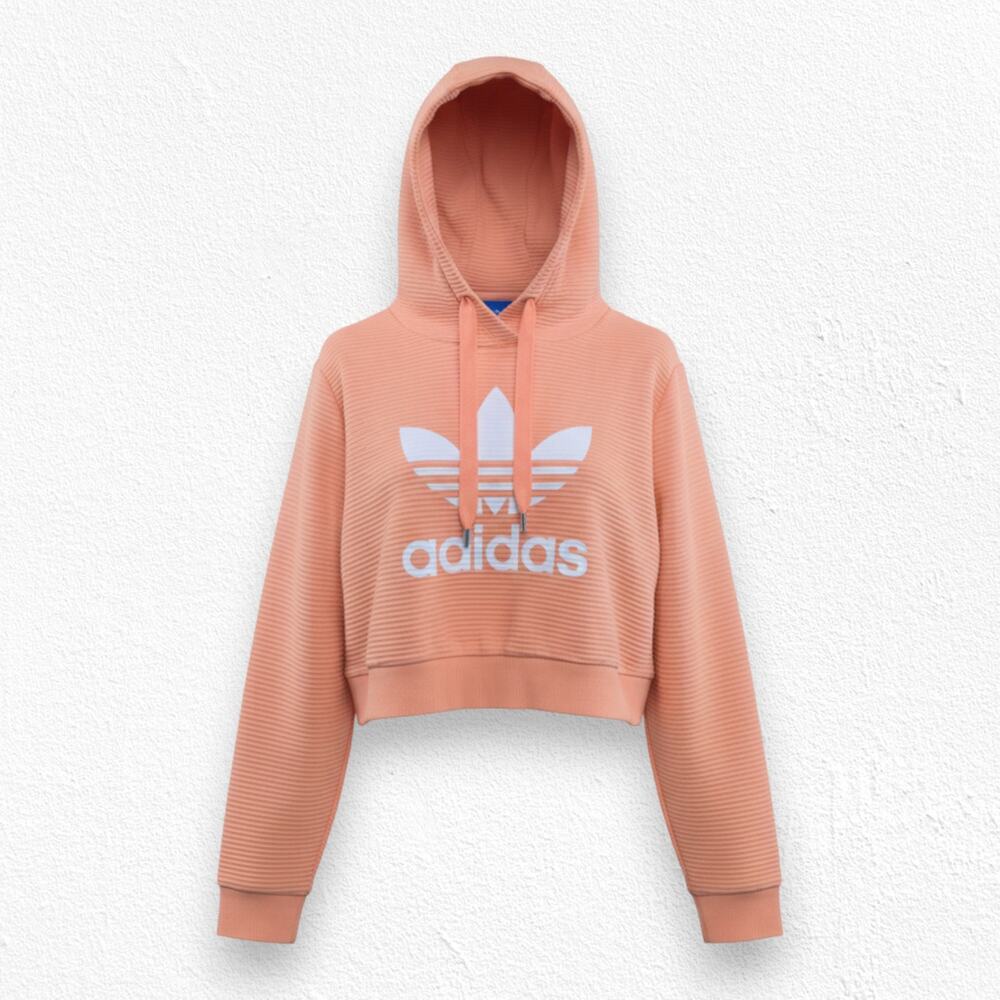 Adidas Originals Trefoil Cropped Hoodie Sweatshirt Ribbed Coral Peach Size Small